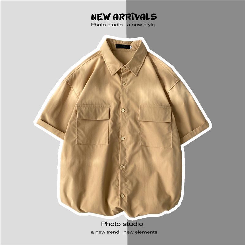 Men's Hong Kong Style Short-Sleeve Casual Shirt with Double Pockets