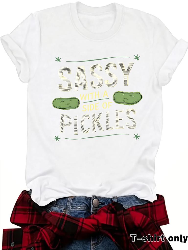 Women's Summer Round Neck Short Sleeve T-shirt Playful Cucumber Pattern Print Comfort T-shirt