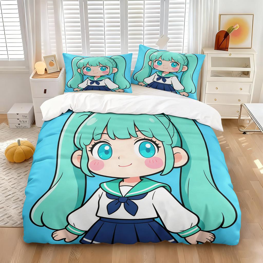 Hatsune Miku Chibi Style Duvet Cover Set Cute Anime Bedding with Pillowcases Gaming Room Teens Kids Bedroom Decor Gift for Fans