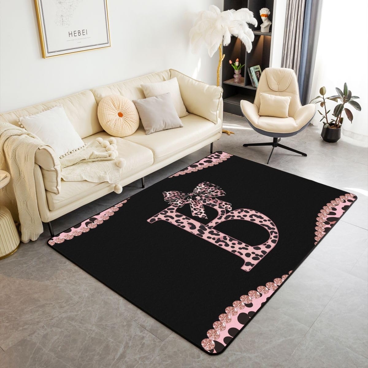 

Erosebridal African Leopard Bow Area Rug Pink and Black Cheetah Print Carpet 4 11 x 3 3 for Girls Women - Monogrammed P Kids Indoor Floor 160cm x 200cm