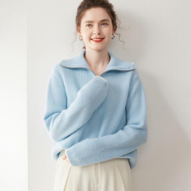 Women's Cashmere Half-Zip Rib Knit Sweater with Lapel