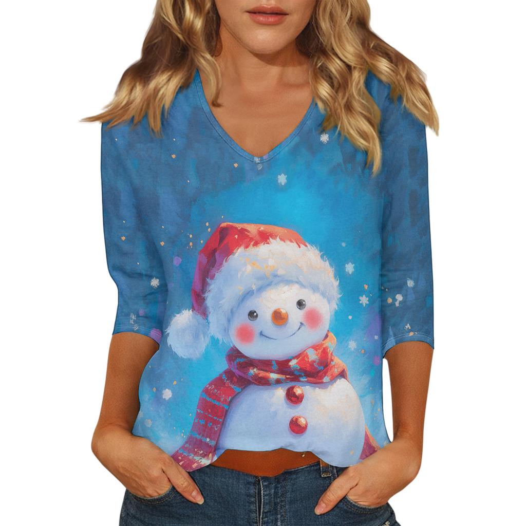 Dámský vánoční potištěný módní ležérní top se sedmiosminovými rukávy a výstřihem do V