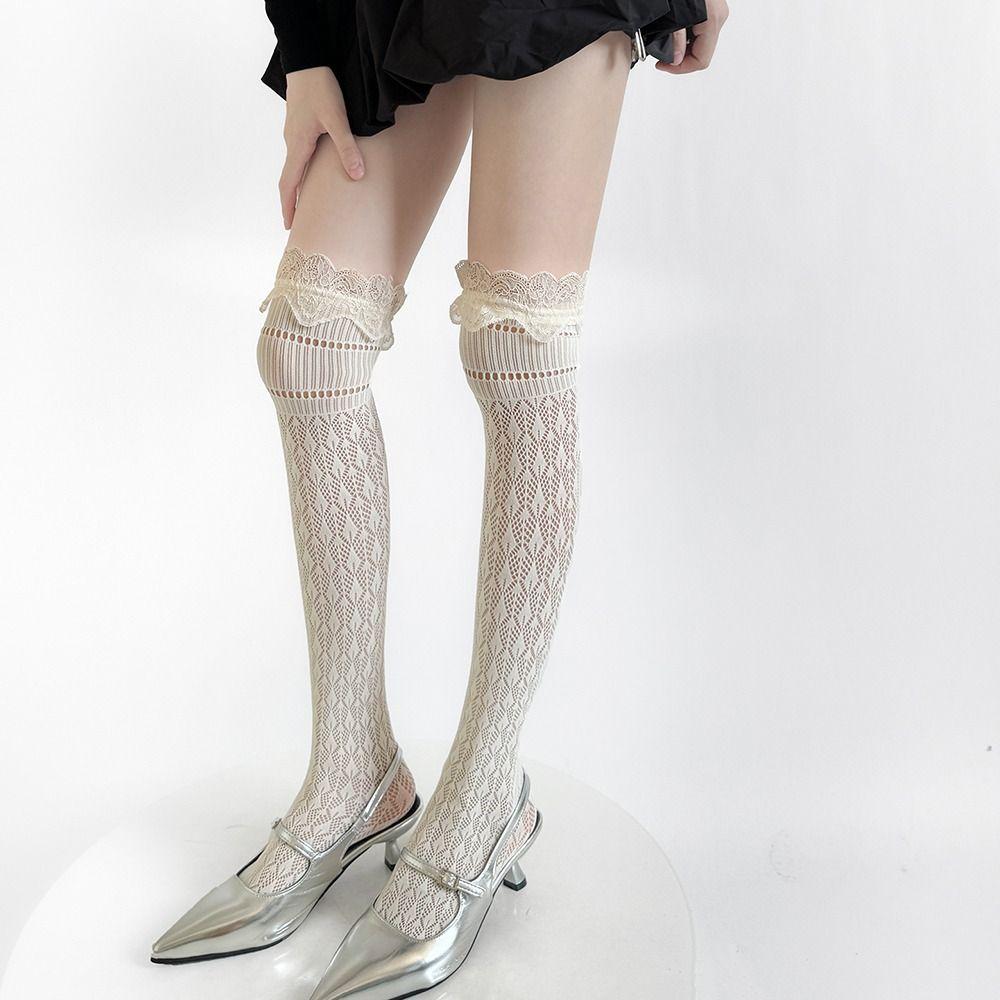 Hollow Out Long Socks Lace Trim Calf Socks Fashionable Knee-high Socks Dress