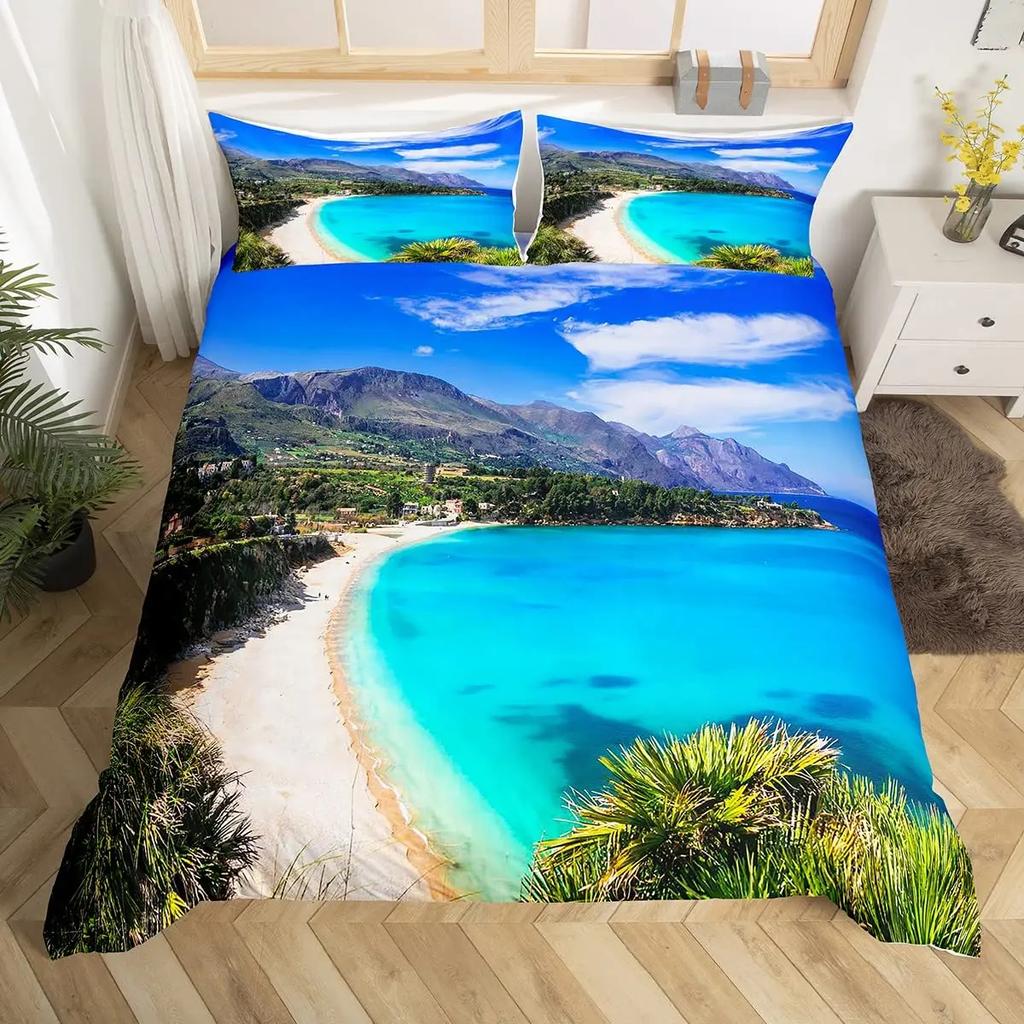 Hawaii Vacation Beach Duvet Cover Cartoon Surfing Quilt Cover Microfiber Tropical Palm Tree Starfish Ocean Landscape Bedding Set