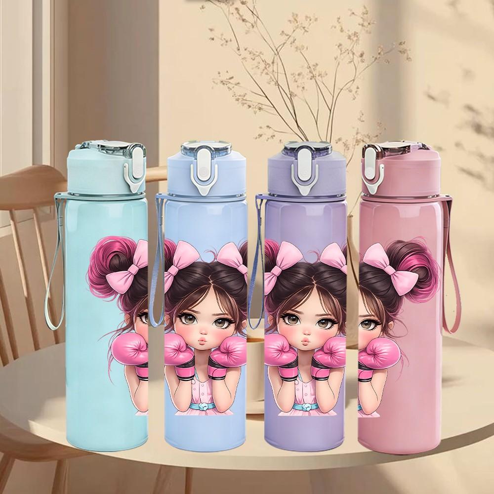 1PC Cute Girl Two Ponytails Portrait Print 750ml Color Plastic Sports Water Bottle Leakproof Flip Straw Lid Suitable for Sports Office Home Use