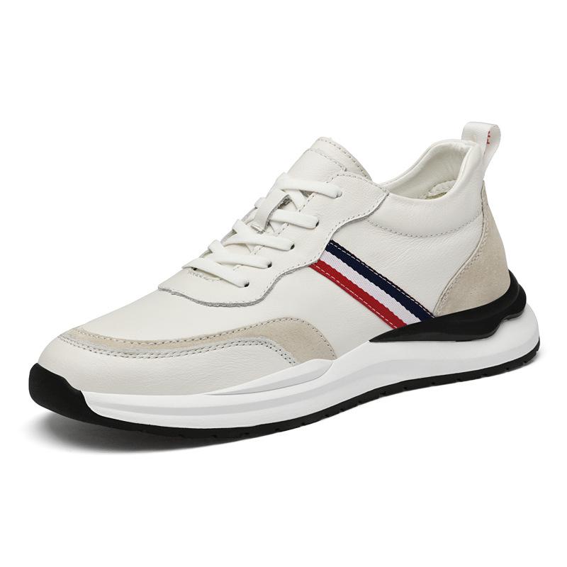 Men s Trendy 8cm Height Increasing White Cowhide Sneakers - Breathable Casual Board Shoes 40