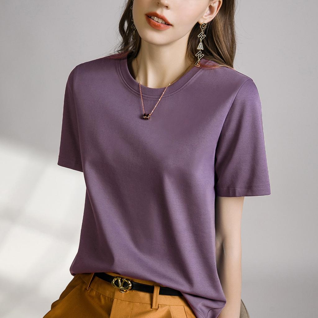 High-quality mercerized cotton women's short-sleeved new loose inner and outer wear round neck liquid ammonia bottoming shirt
