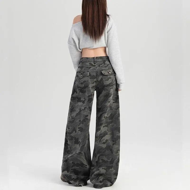 Spice Girl High Street Vibe Retro Camouflage Wide Leg Jeans Women's Winter High Waist Loose Slim Straight Pants