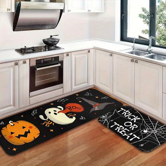 huaqianguhh 2Pcs/Set Halloween Kitchen Rugs, Anti Slip Absorbent Floor Mats, Pumpkin Black Cat Ghost Designs, Decorative Rugs for Living Room Bathroom