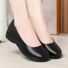 Women's Black Leather Non-Slip Flat Work Shoes - Comfortable Round Toe Design for Long Standing Hours, Soft Sole Professional Footwear.