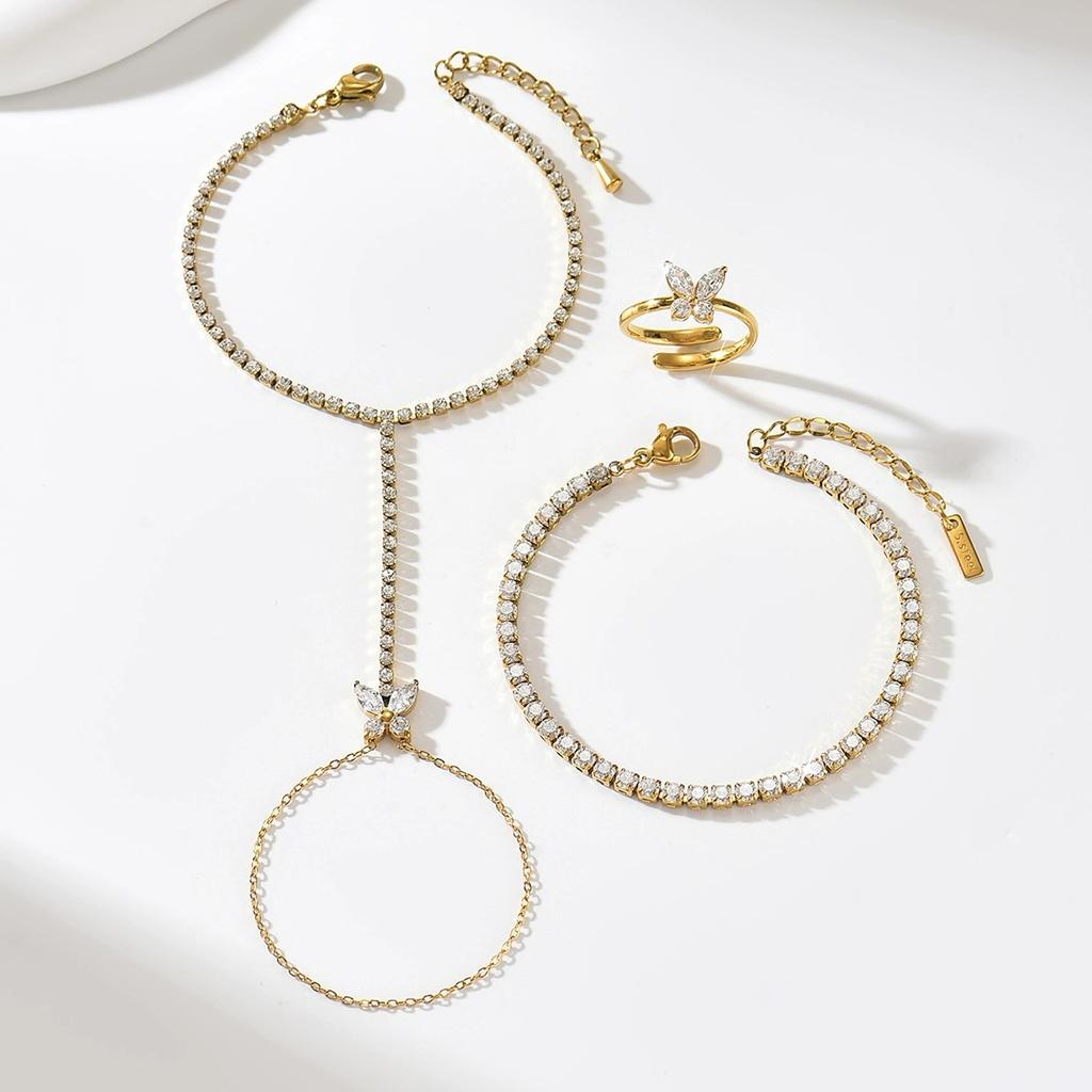 Stainless Steel Gold Plated Butterfly Design Matte Polished Mix Open Bangle Set Minimalist Trendy Stackable Zircon Bracelets for
