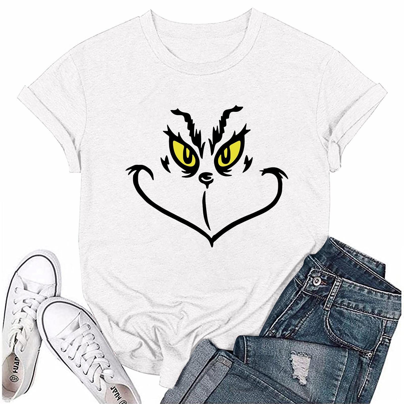 

Женский повседневный рождественский принт с короткими рукавами и круглым вырезом, свободный пуловер, топ L белый