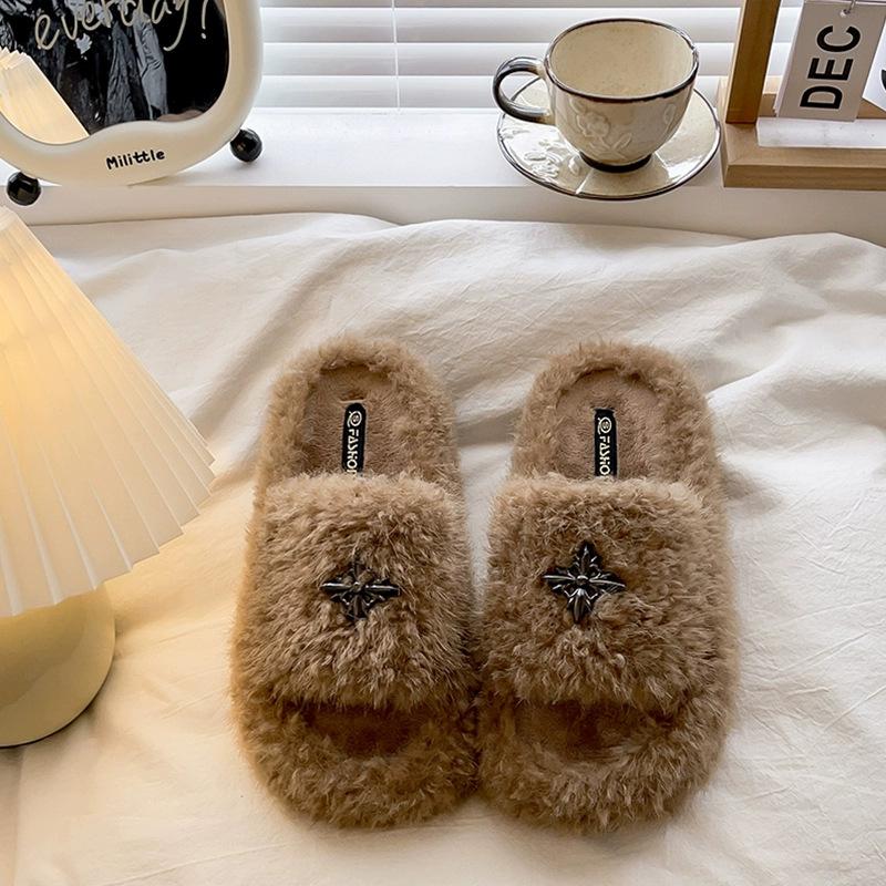 

Thick-soled heightening fluffy slippers for women to wear new autumn and winter great-looking skirts with piled one-word cotton mops 40 хаки