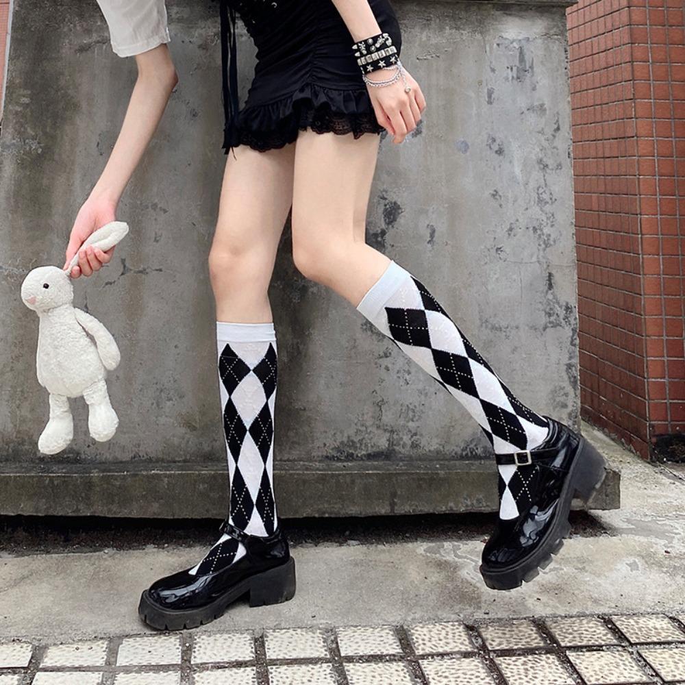 College Style Calf Socks Rhombus Jk Socks Women's Medium Tube White Long Tube Half Black and White Plaid Rhombus Spring and Autumn Retro