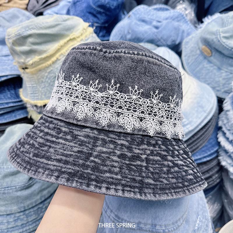 Washed Denim Hat Women Spring Summer Bucket Hat Sunshade Wide Brim Lace Design Retro Flat Top Bucket Cap Casual Foldable New