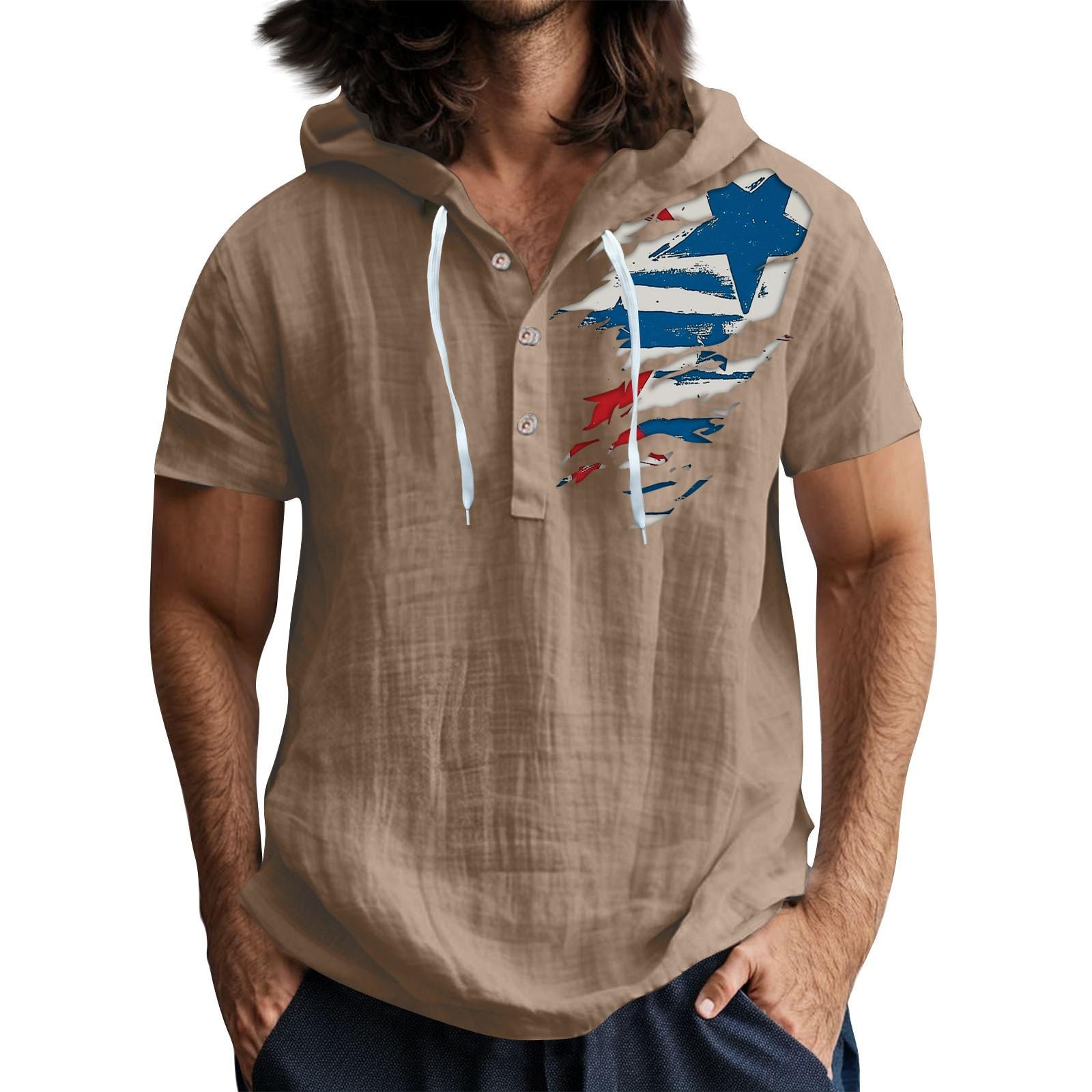 Мужская повседневная футболка с короткими рукавами капюшоном и открытым воротом на пуговицах L 1849₽