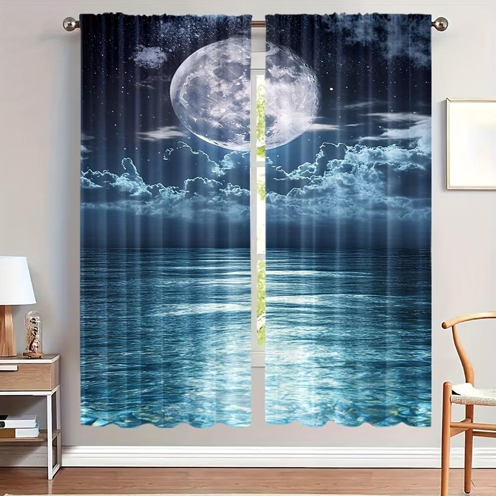 2PC Moonlit Ocean Curtains - Serene Night Sky Print Window Drapes for Bedroom Living Room Decor