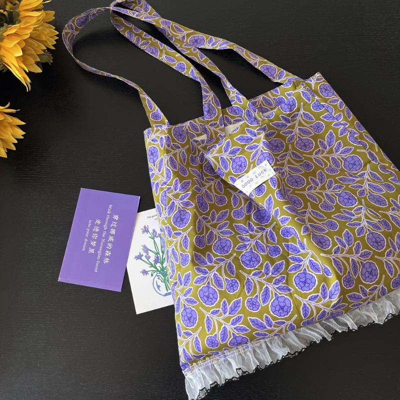 

Summer new French lazy small fresh pansy lace edge shoulder bag thin cotton floral bag versatile canvas bag