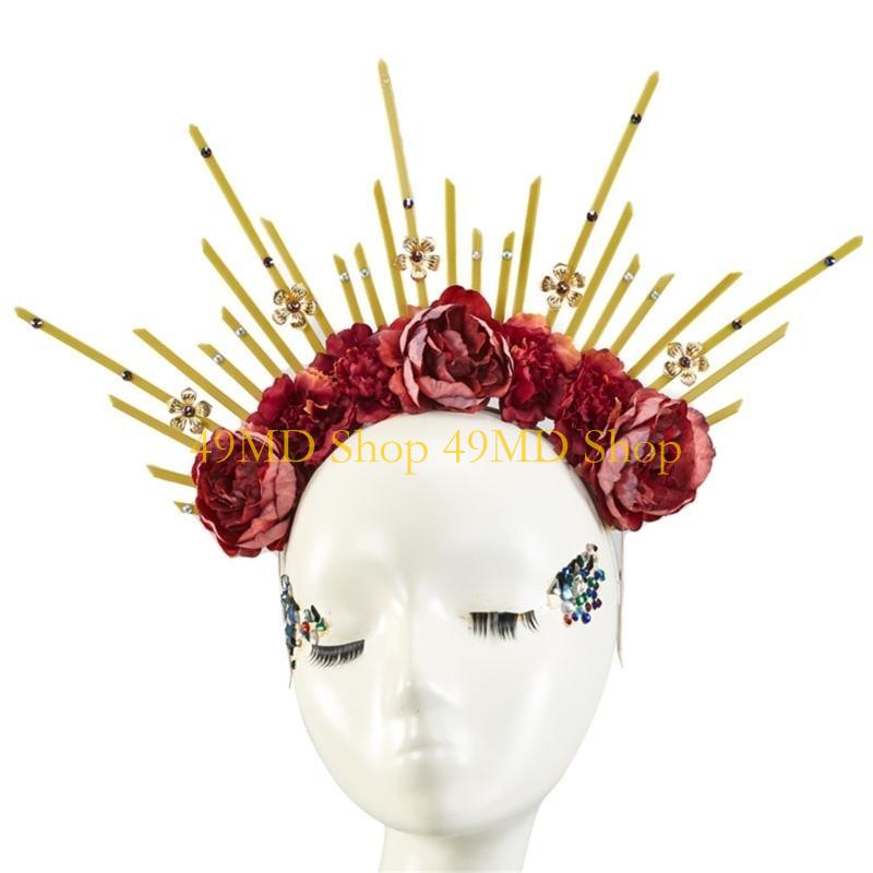 49MD Halos Crown Headpiece Spiked Tiaras Flower Headband Cosplays Party золотой