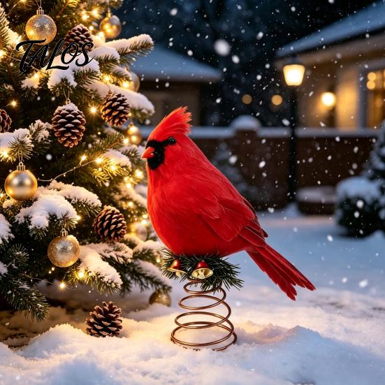 Reusable Artificial Feather Birds 12 Inch Red Bird Christmas Tree Topper, Feathered Ornament for Holiday with Metal Spring Base, Winter Wedding