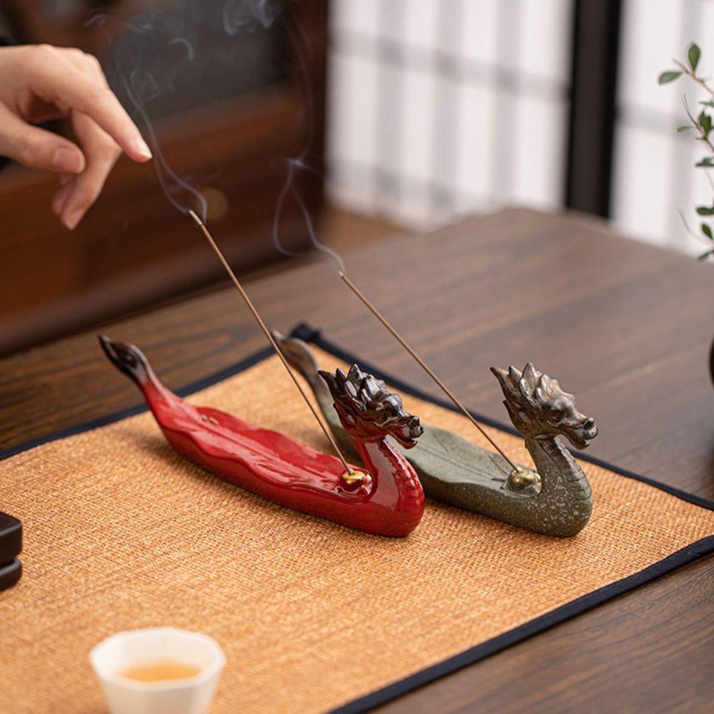 

Ceramics Incense Burner Dragon Boat Shape Incense Tray Desktop Ornament Aroma Burner Gift червоний