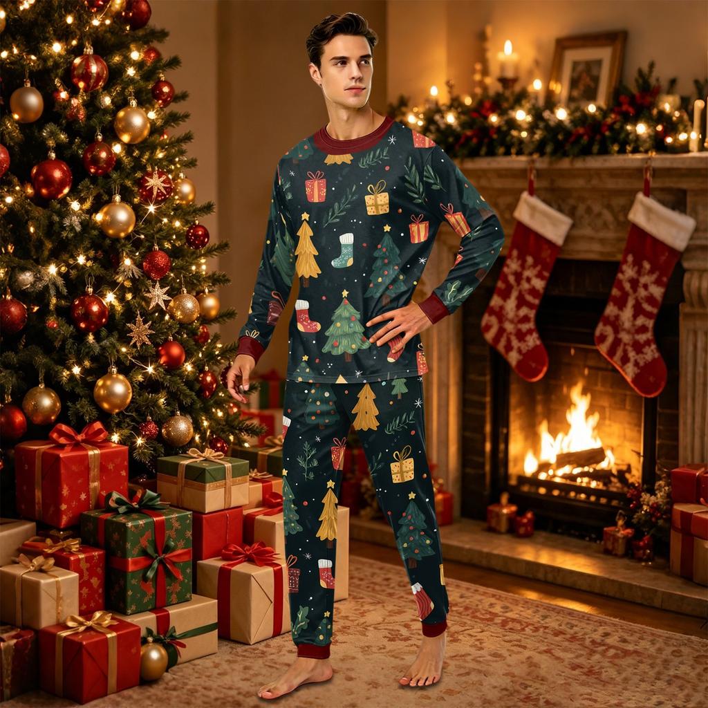 Christmas Print Family Matching Pajama Set Long Sleeve Round Neck Sleepwear for Parent and Kid