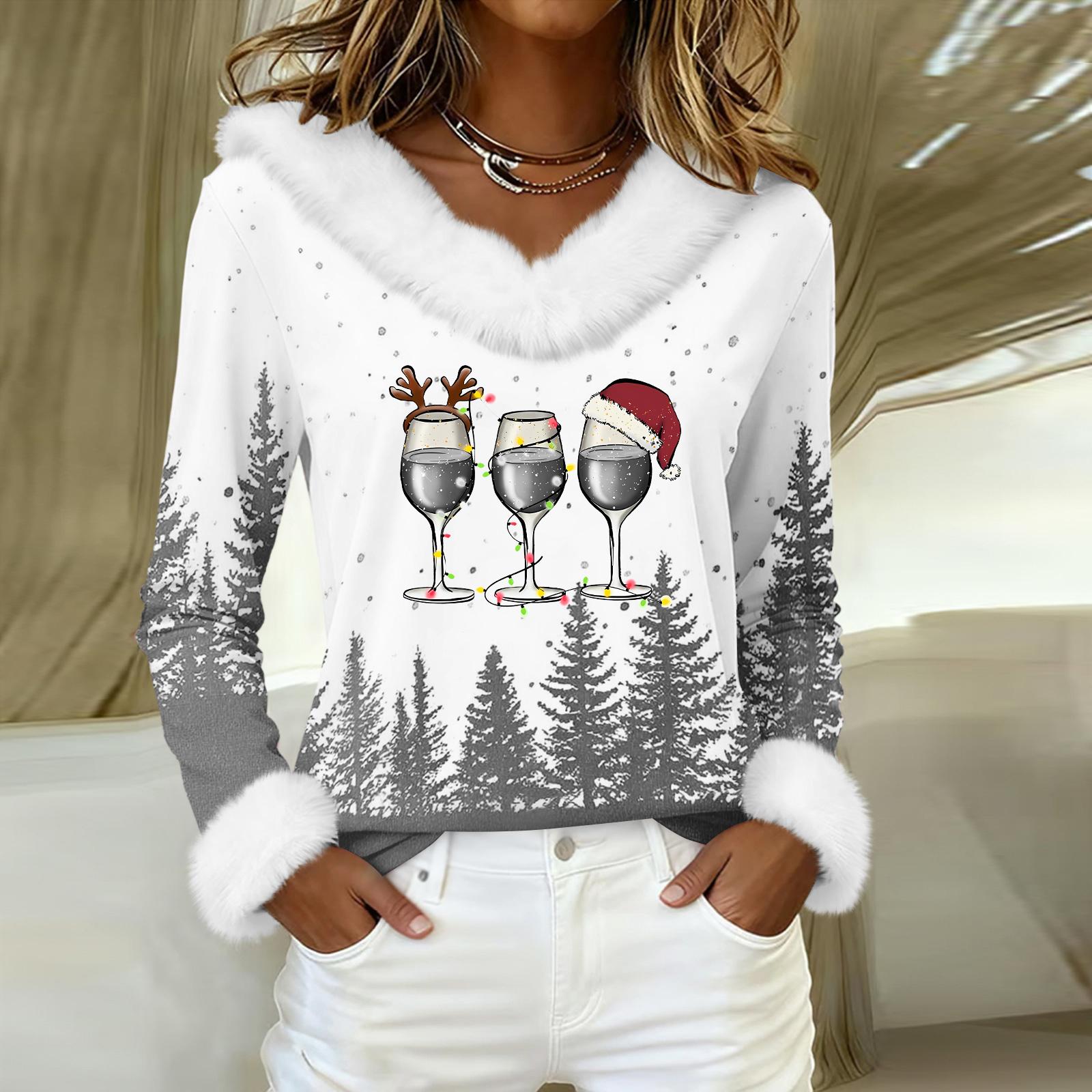 

Рубашки с длинным рукавом для женщин Милые топы Рождественские принты Футболки Блузки Повседневные топы больших размеров Базовые топы Пуловеры S