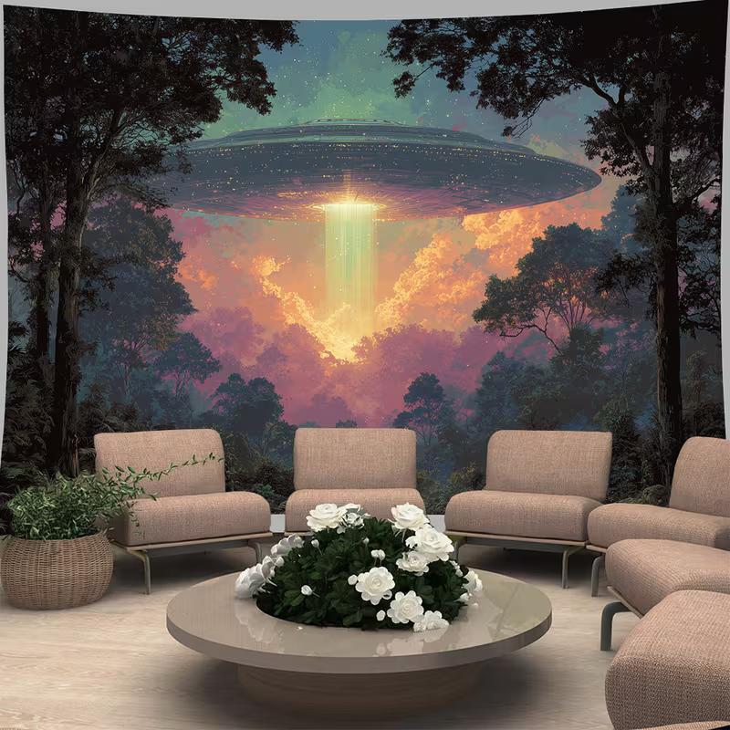 

2D Aesthetic UFO Abduction Backdrop, Colorful Forest Sunset & UFO Wall Decor 47.2x31.5inch/120*80cm