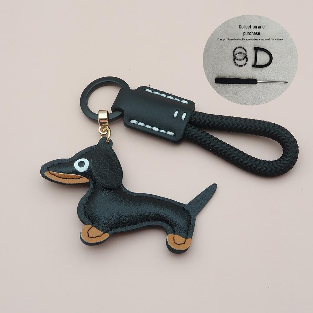 Mini Dachshund Cowhide Keychain: High-Quality Anti-Lost Lanyard with Cute Doll Pendant