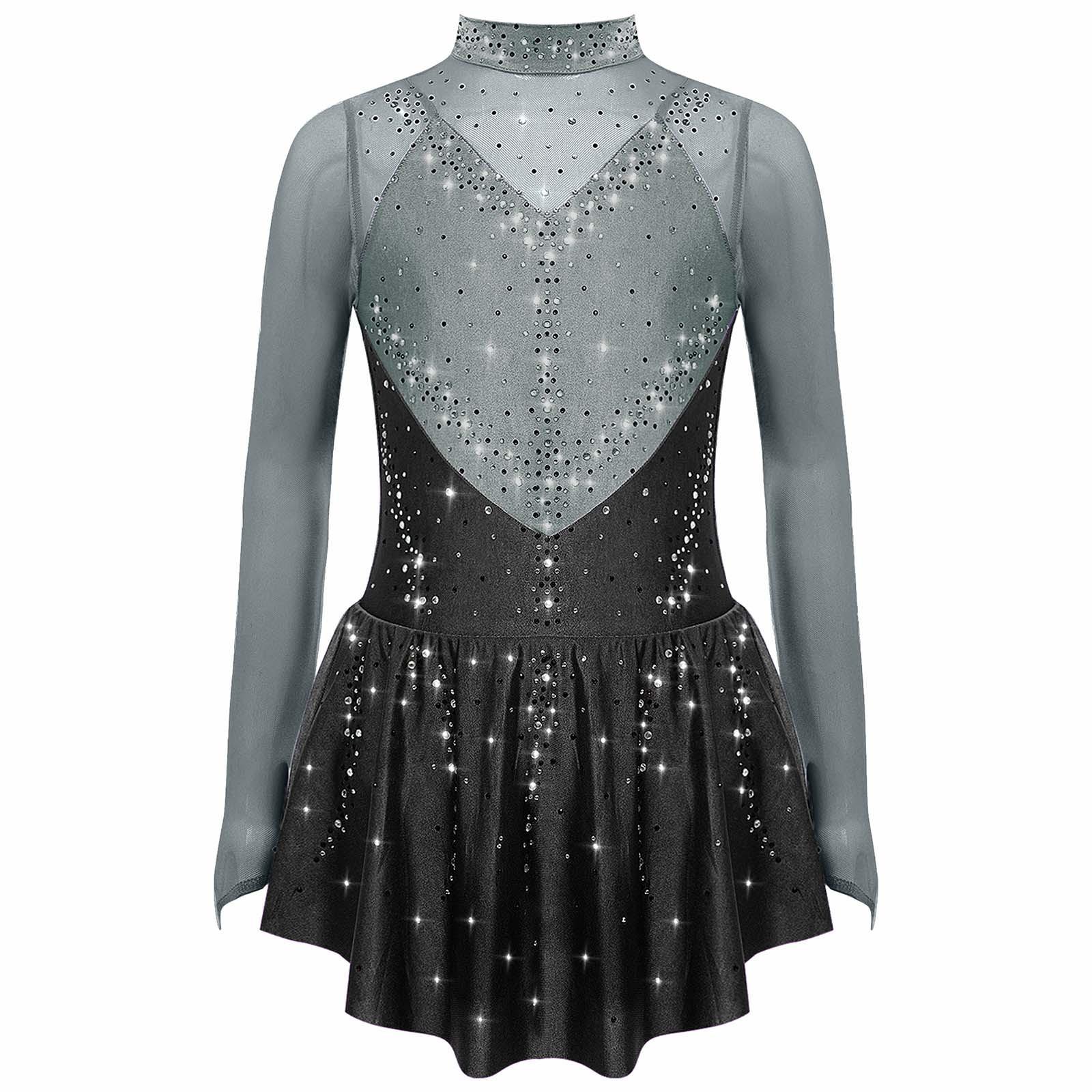 Inlzdz Meisjes Kunstschaatsjurk Mock Neck Lange Mouw Color Block Sheer Mesh Patchwork Glanzende Strass Steentjes Kostuum 15-16 Years grijze kleur/zwart