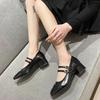 Fashion Women's Mid Heels Leather Mary Janes Shoes Ladies Square Toe Double Buckle Designer Shoes Black Mid Heels Female Autumn