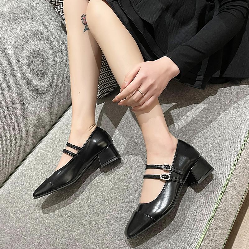 Fashion Women's Mid Heels Leather Mary Janes Shoes Ladies Square Toe Double Buckle Designer Shoes Black Mid Heels Female Autumn