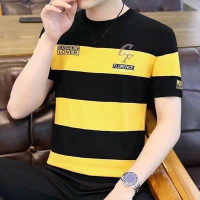 Erkek T-shirt Renk Bloğu Çizgili İnce Kısa Kollu Gevşek O Yaka Mektup Nakış Artı Boyutu