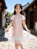 Girls' Summer Cheongsam: Lace, Short Sleeve, Chinese Style, High-End Dress for Performance.