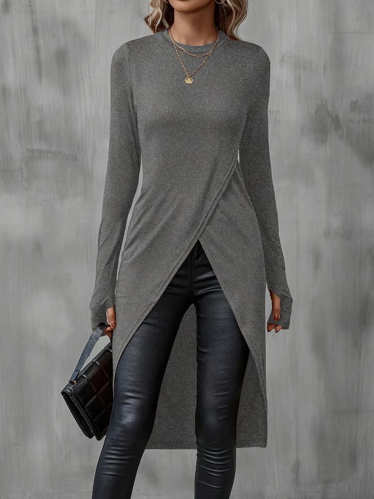 Women's Crew Neck Long Sleeve Tight Long Tunic Top Slim Fit Wrap Front High Slit Long Blouse