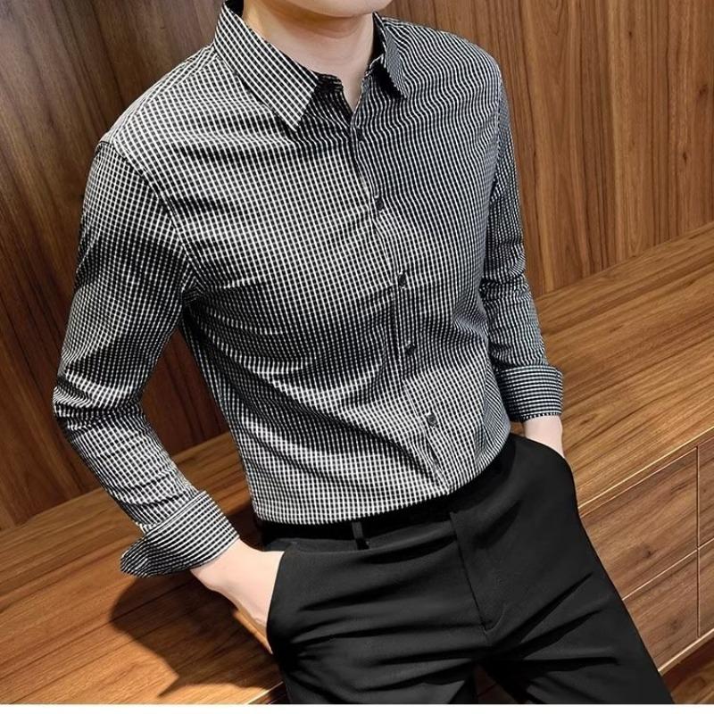 Men's Casual Long Sleeve Shirt Business Shirt Slim Fit Small Check Shirt