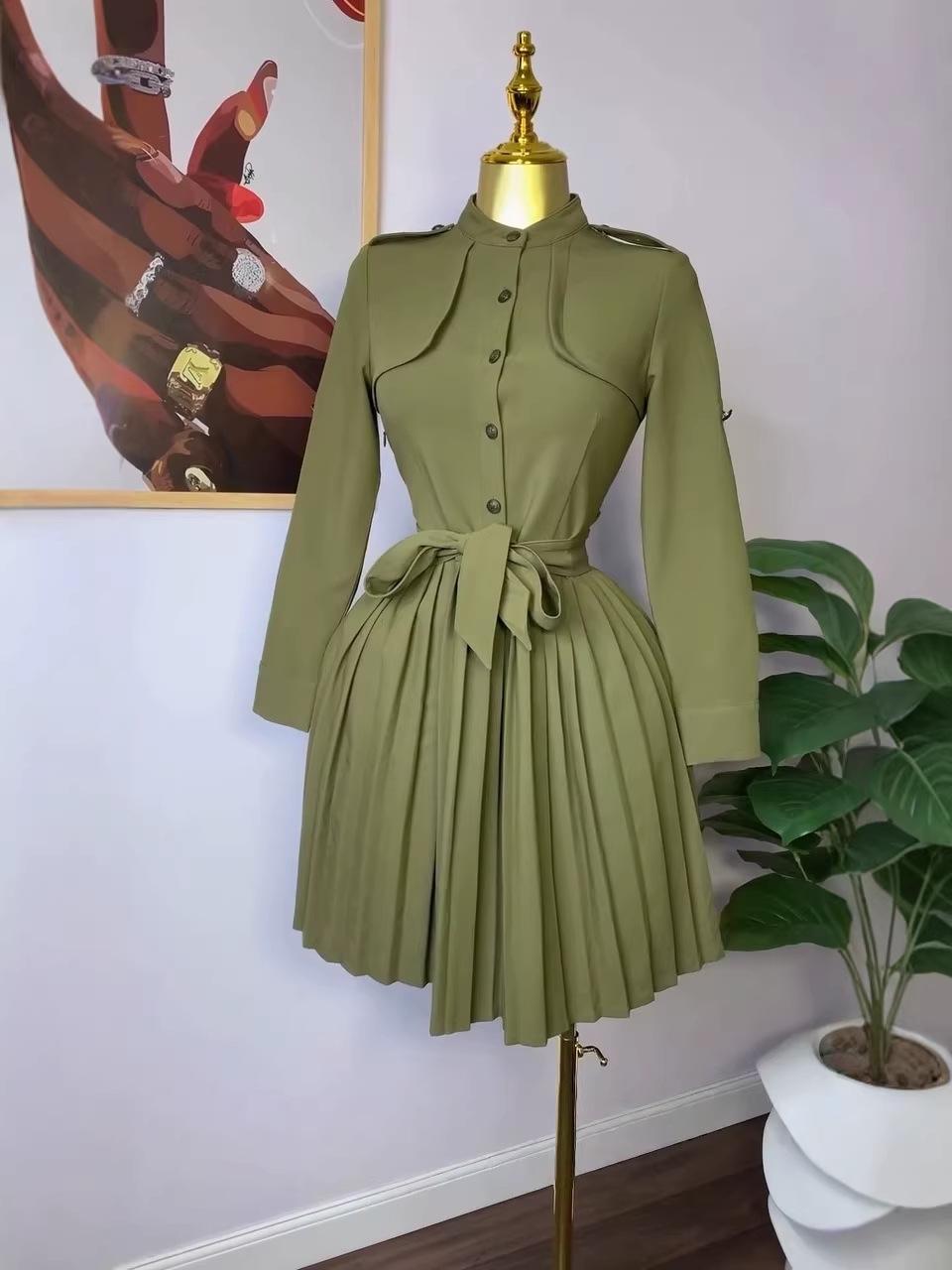 European, American spring and summer African workplace style dress versatile commuter design sense medium and long shirt pleated skirt women S армия зеленый