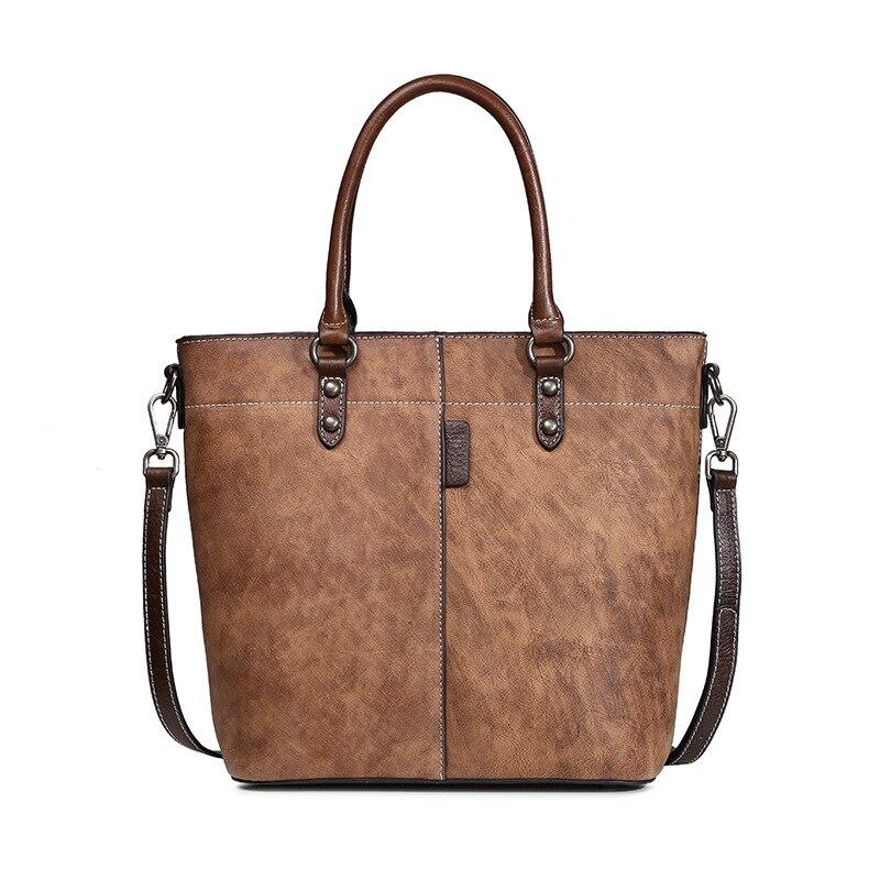 Johnature Retro Women Bucket Bag Leisure Genuine Leather Handbag Large Capacity Solid Color Shoulder Messenger Bags