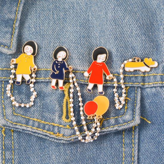 

Enamel Cartoon Girl with Dog Balloon Chain Brooch Pin Sweater Shirt Collar Badge