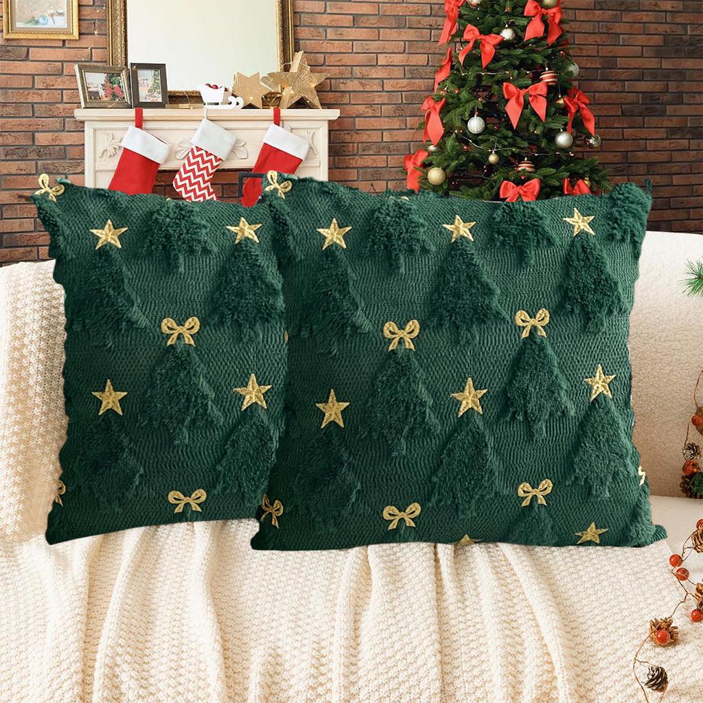 1pc 3D plush Christmas tree Pillow Covers, plush Christmas tree pillowcase with golden stars and bowknot design -18x18 inch
