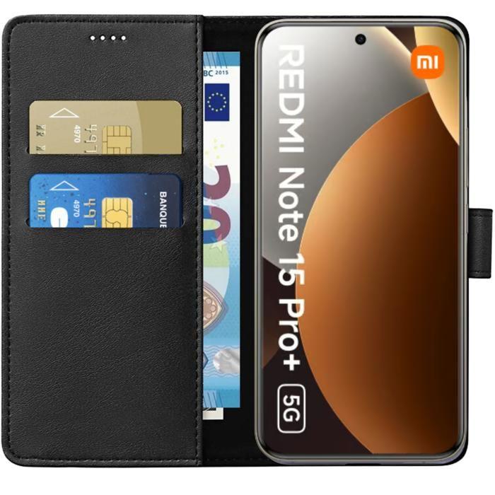 Coque pour Xiaomi Redmi Note 15 PRO PLUS 5G - Portefeuille Noir Rabat Clapet Aimanté Rangement Cartes Phonillico®