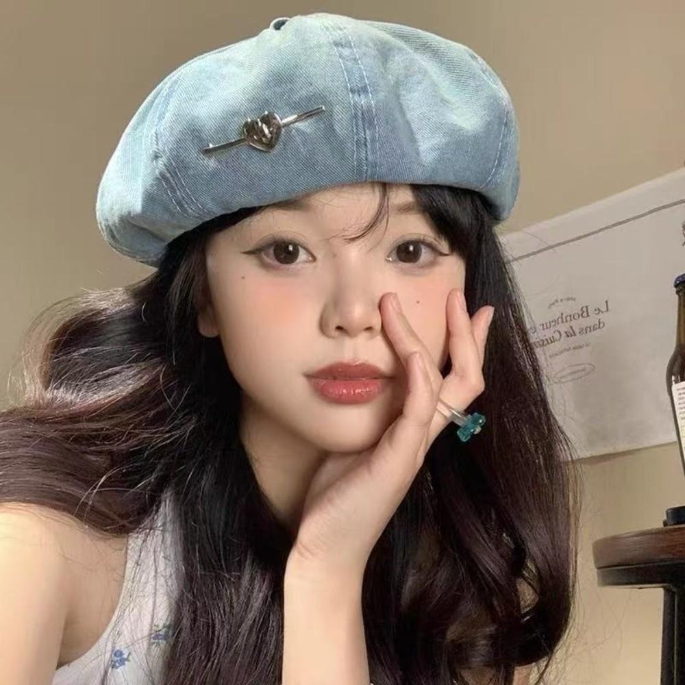 Brimless Design Painter Hat Adjustable Washed Denim Octagonal Hat Casual Beret Hat  for Women Girls