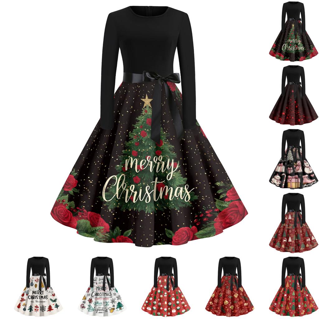 Women's Casual Fashion Round Neck Christmas Printed Vintage Dress