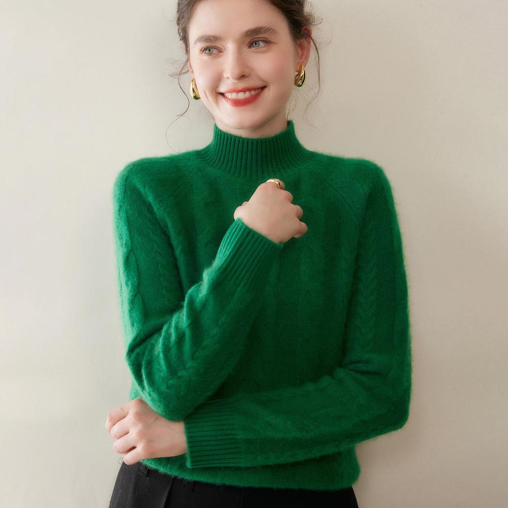 Women's Winter Cashmere Sweater: Double-Ply, Thickened, Solid Color, Half-High Collar, Loose Long Sleeve Knit.