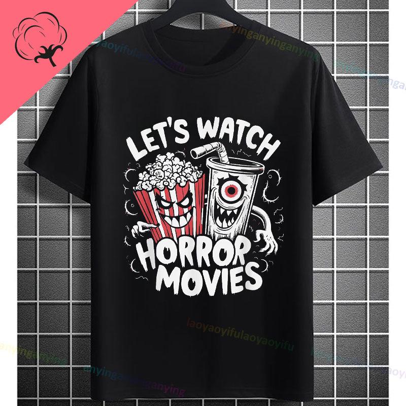 Retro Lets Watch Horror Movies Design Halloween Movie Lovers Graphic Tshirt Short Sleeve 100cotton Originality Casual Tshirt