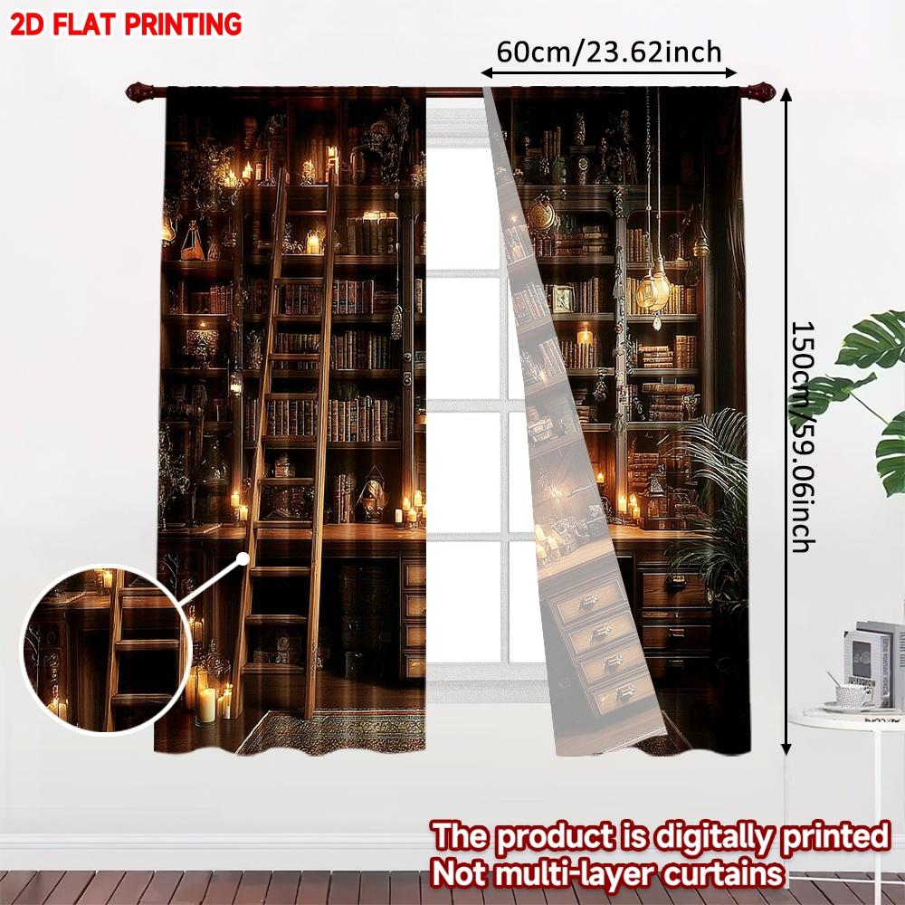 Set Of 2 Vintage Home Library Scene Curtains Floor Ceiling Bookshelf Ladder Decor Single Layer Realistic Interior View Curtain Made Polyester