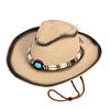 Women Men Bead Belt Straw Cowgirl Hat Retro Wide Brim Western Cap with Windproof Rope Outdoor UV Protection Jazz Hats