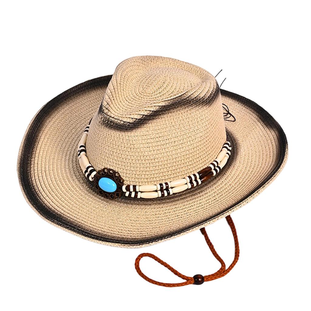 Women Men Bead Belt Straw Cowgirl Hat Retro Wide Brim Western Cap with Windproof Rope Outdoor UV Protection Jazz Hats
