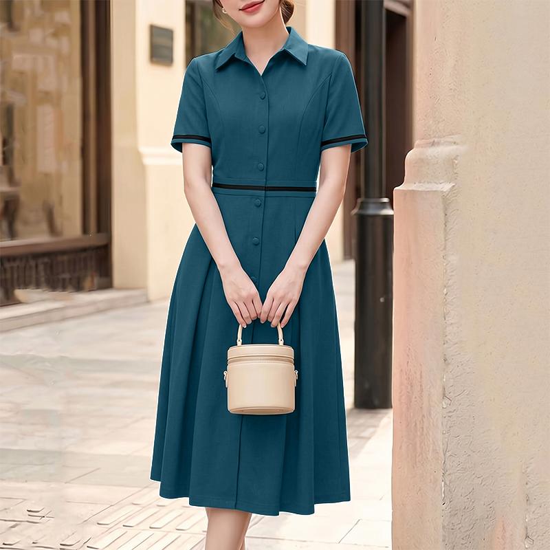 ZANZEA Women Casual Turn Down Collar Solid Color Short Sleeve Elegant Dress
