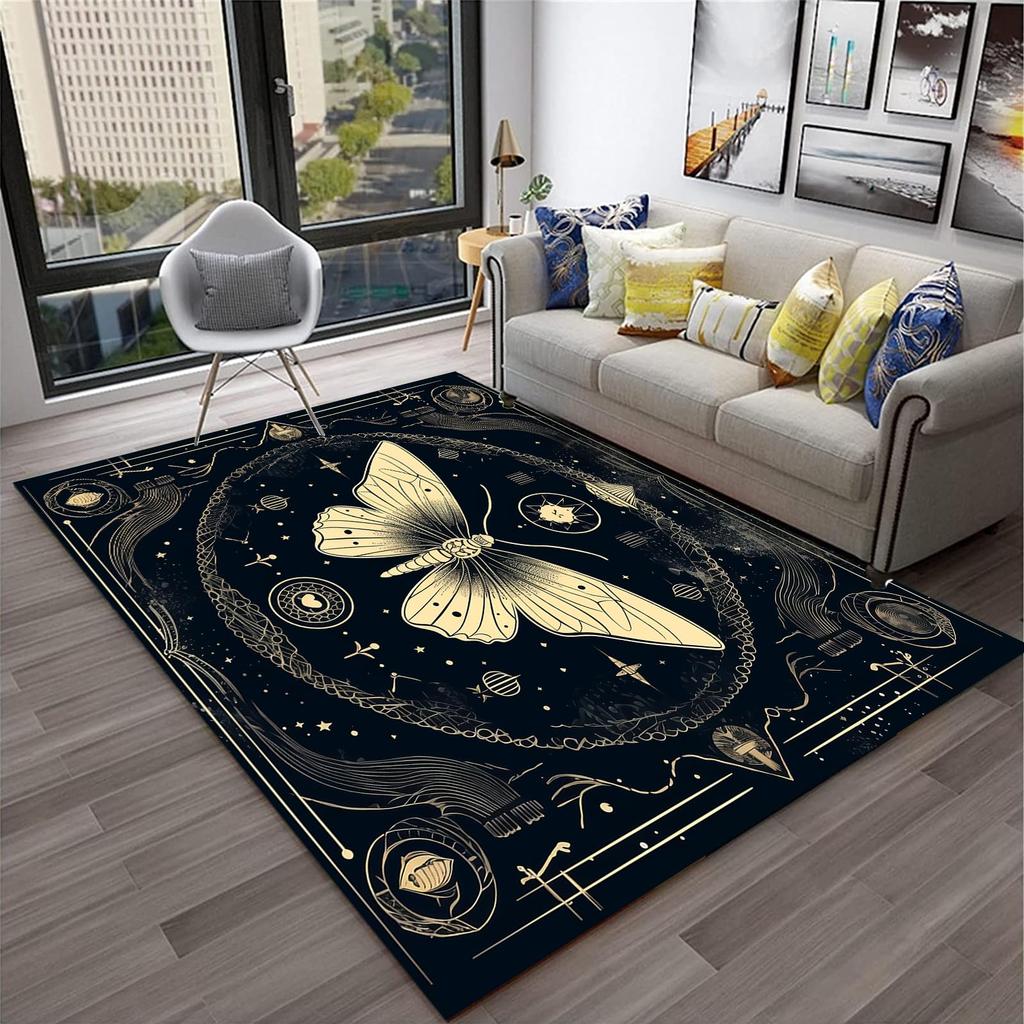 Butterfly Area Rug for Living Room Bedside, Gothic Moth Doormat Astrology Style Carpet Boho Exotic Starry Sky Indoor Floor Mat